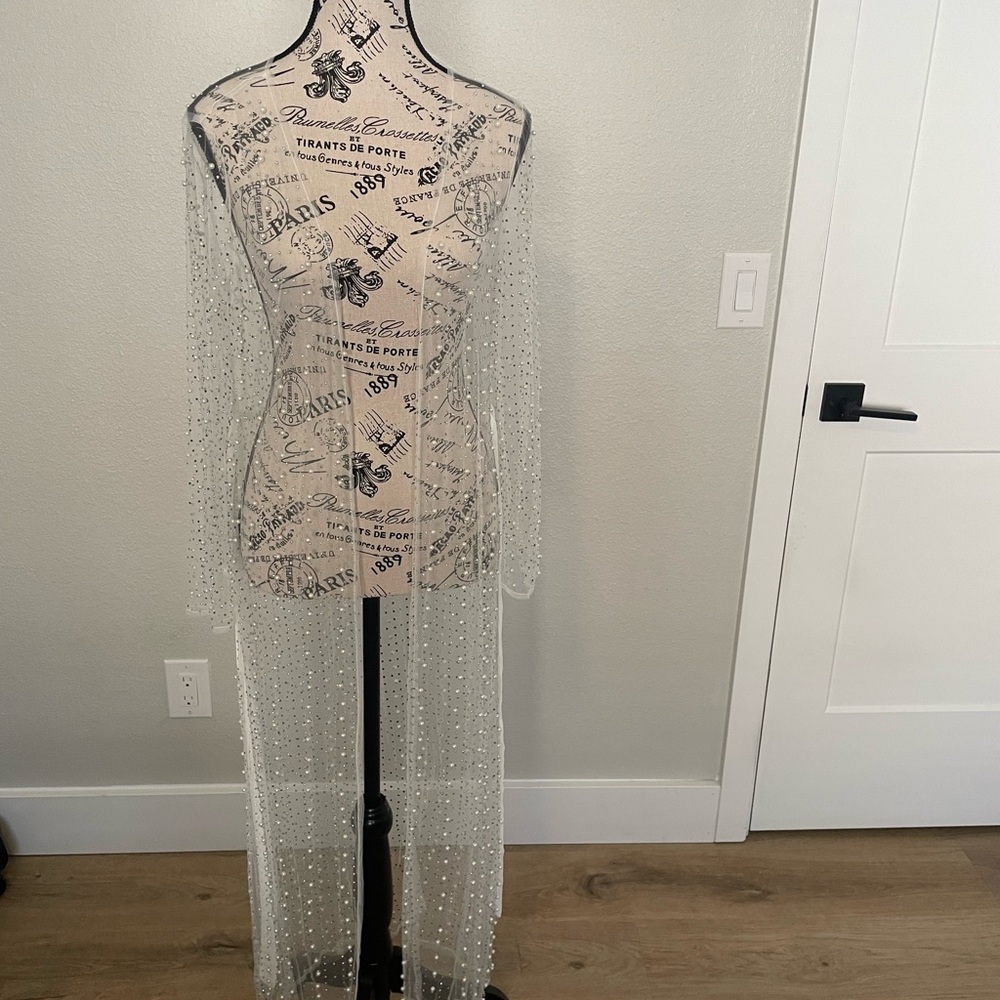 NWOT.  Elegant Sheer Pearl-Embellished Duster